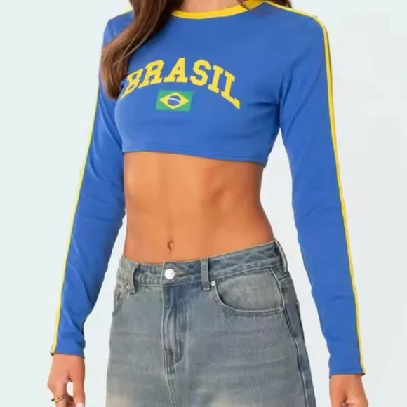 Editked Women’s Brazil Long Sleeve Crop Top - Picture 2 of 5